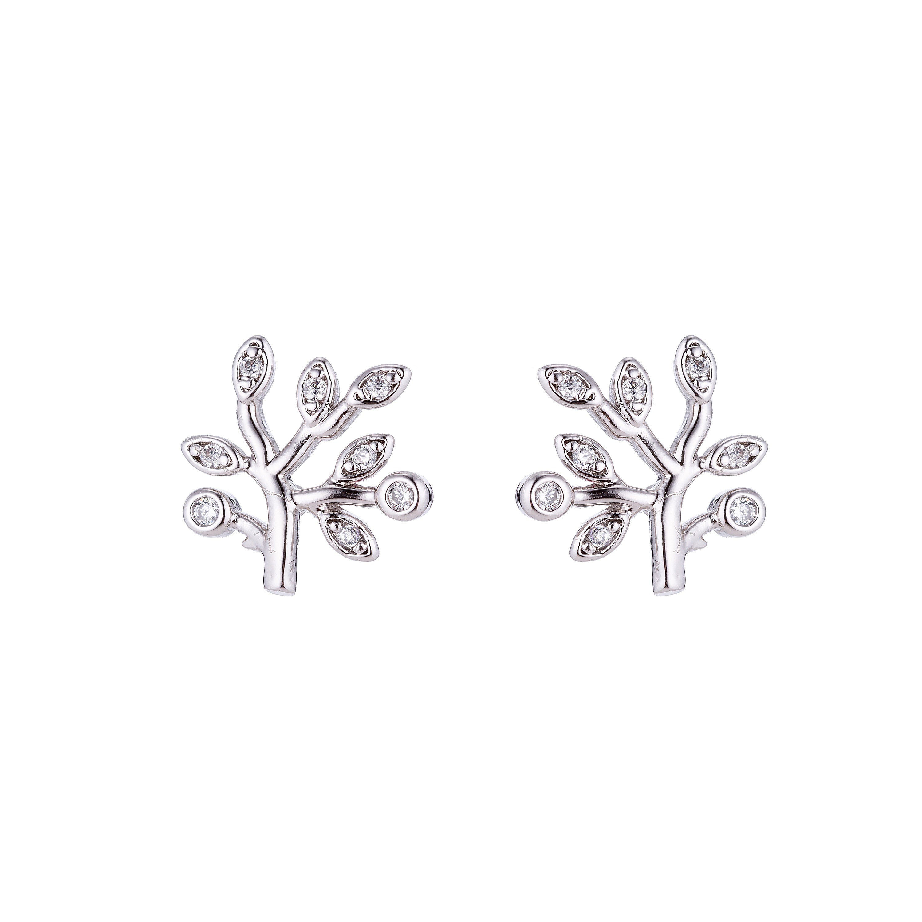 Silver Sapling Stud Earring, Jeweled Earring, Nature Lover's Earring - DLUXCA