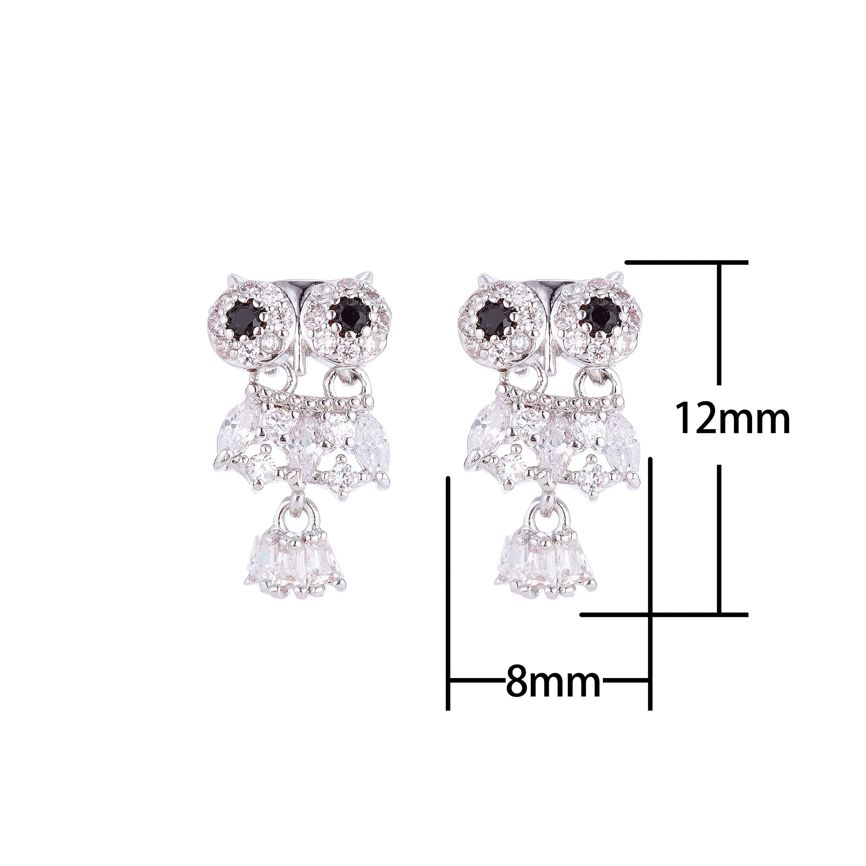 Plated Jeweled Owl Stud Dangle Drop Earring, Spirit Animal Earrings, Micro Paved Jewels, Cubic Zirconia Gem - DLUXCA
