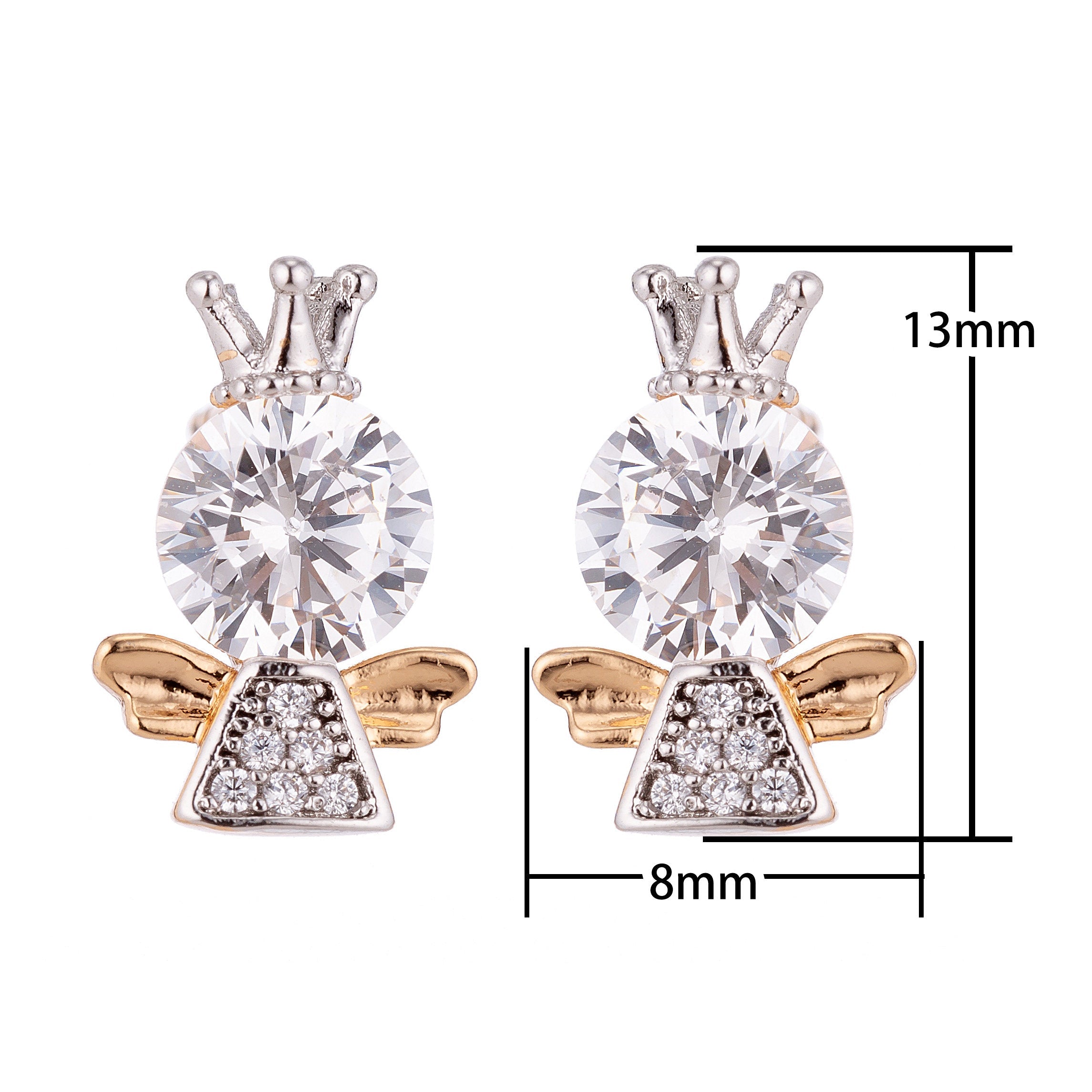 Silver and Gold Royal Angel Stud Earring, with Large Gem, Cubic Zirconia Gem, Angel Earrings, EARRING-87 - DLUXCA