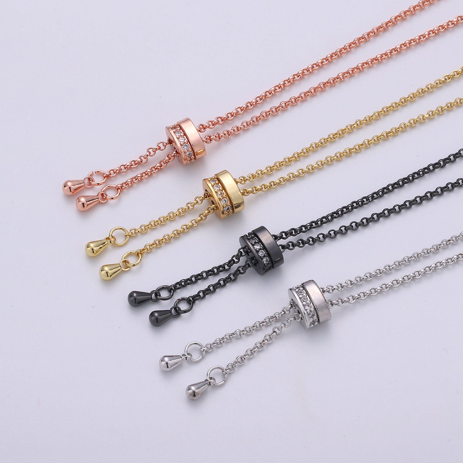 14k Gold Filled Adjustable Necklace Half finished Chain Necklace with rubber stopper Rose Gold, Silver, Black Rolo Chain Wholesale 1pc/10pcs - DLUXCA
