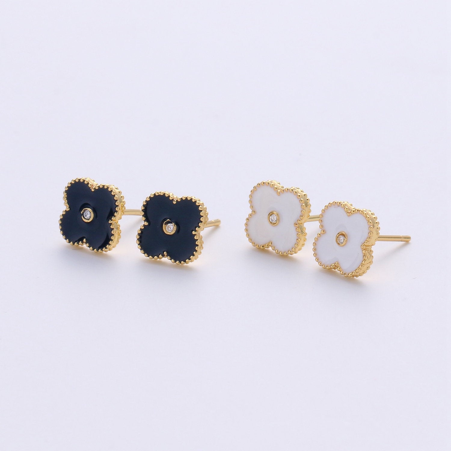 Dainty Stud Black Shamrock Earrings, White Enamel Flower Earrings, Quatrefoil, Four Leaf Flower Earrings, Stud Flower Earrings - DLUXCA