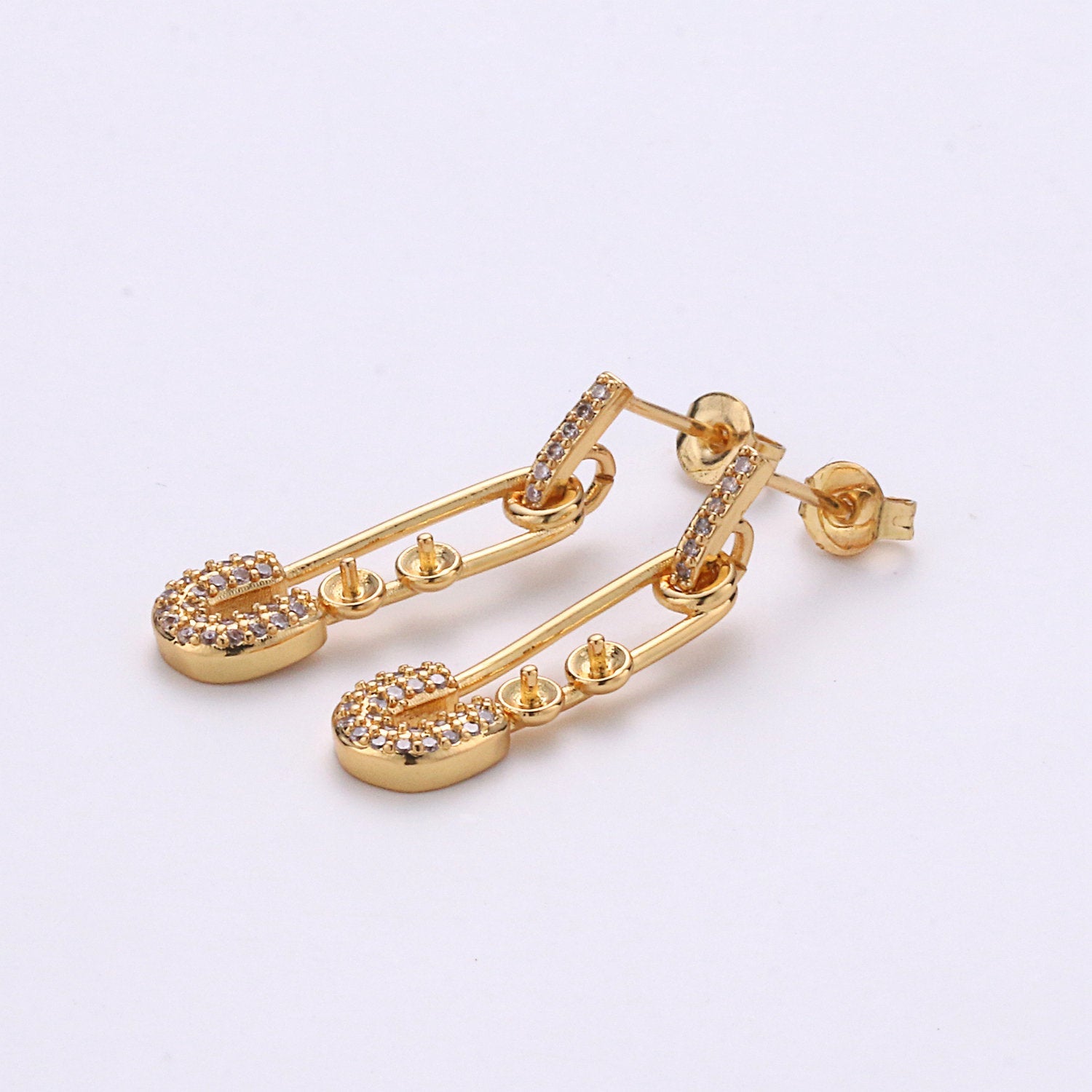1 Pair Micro Pave Gold Safety Pin Earrings Dainty Gold Stud dangle earring studs for Earring Supply Component to put beads / pearls, 2xSUPP-544/K-544 - DLUXCA