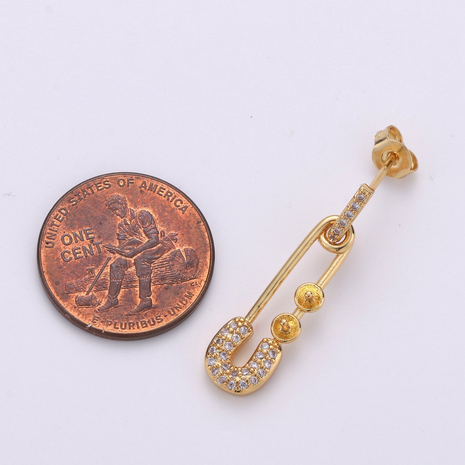 1 Pair Micro Pave Gold Safety Pin Earrings Dainty Gold Stud dangle earring studs for Earring Supply Component to put beads / pearls, 2xSUPP-544/K-544 - DLUXCA