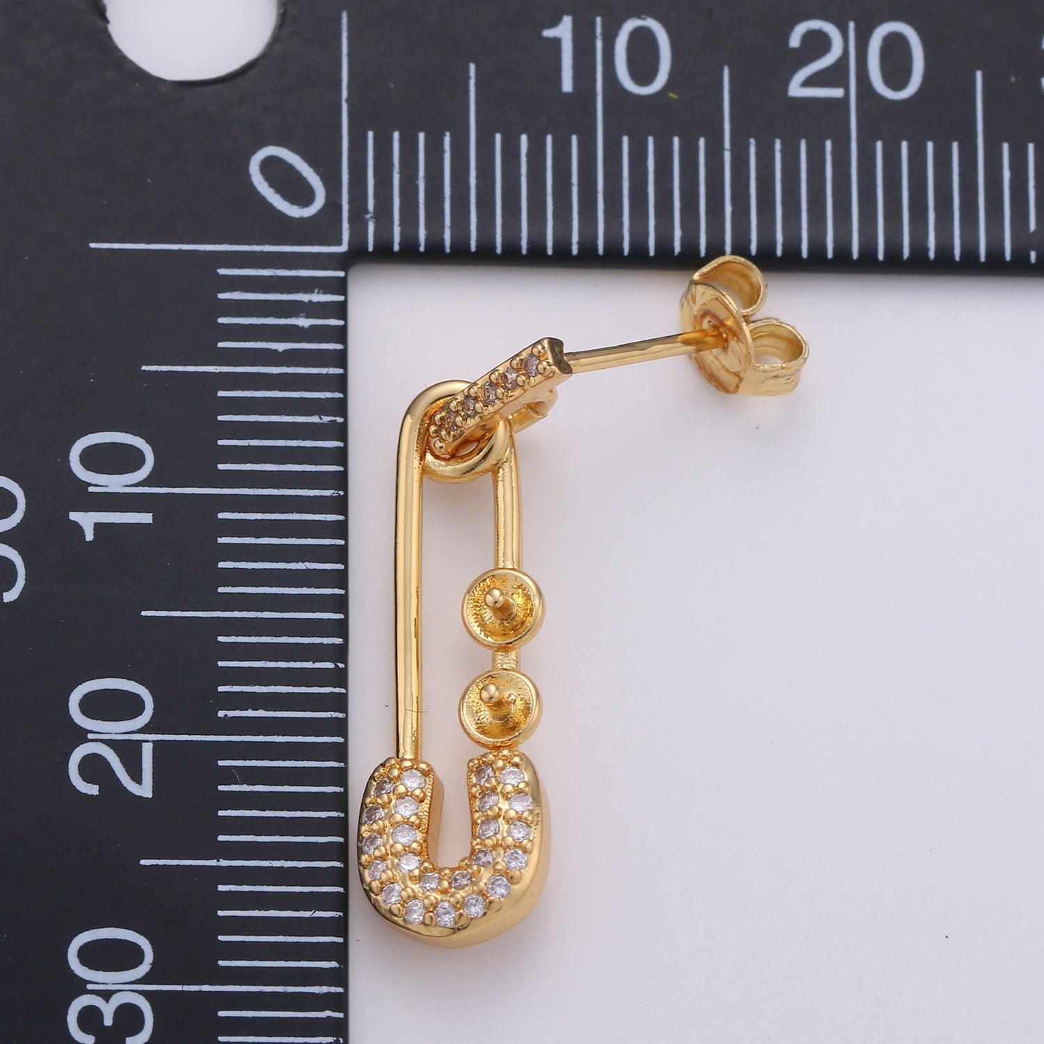 1 Pair Micro Pave Gold Safety Pin Earrings Dainty Gold Stud dangle earring studs for Earring Supply Component to put beads / pearls, 2xSUPP-544/K-544 - DLUXCA