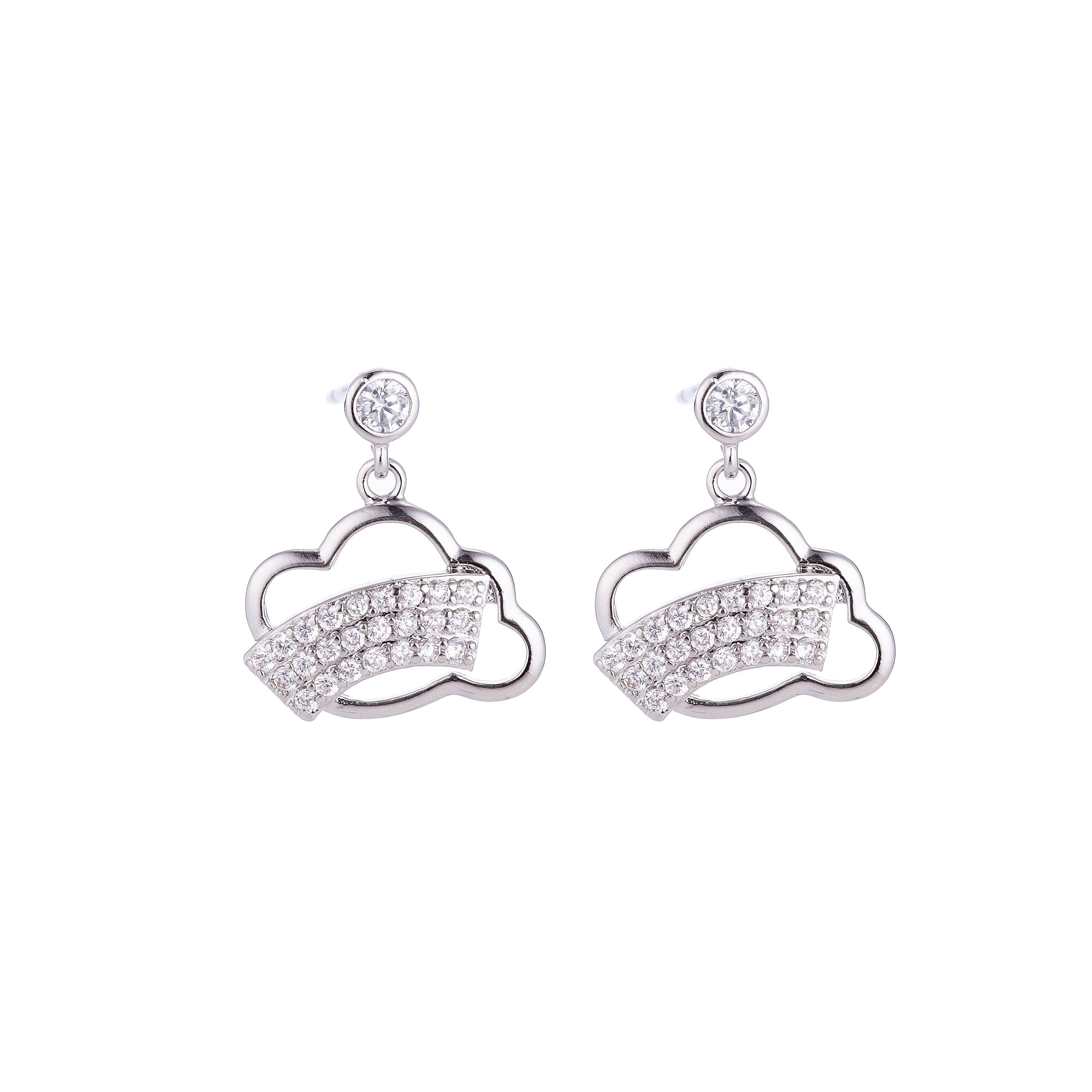 Plated Clouds and Rainbow Stud Dangle Drop Earring Cubic Zirconia Jewels Diamond Paved Jewelry, Earrings-540/41 - DLUXCA