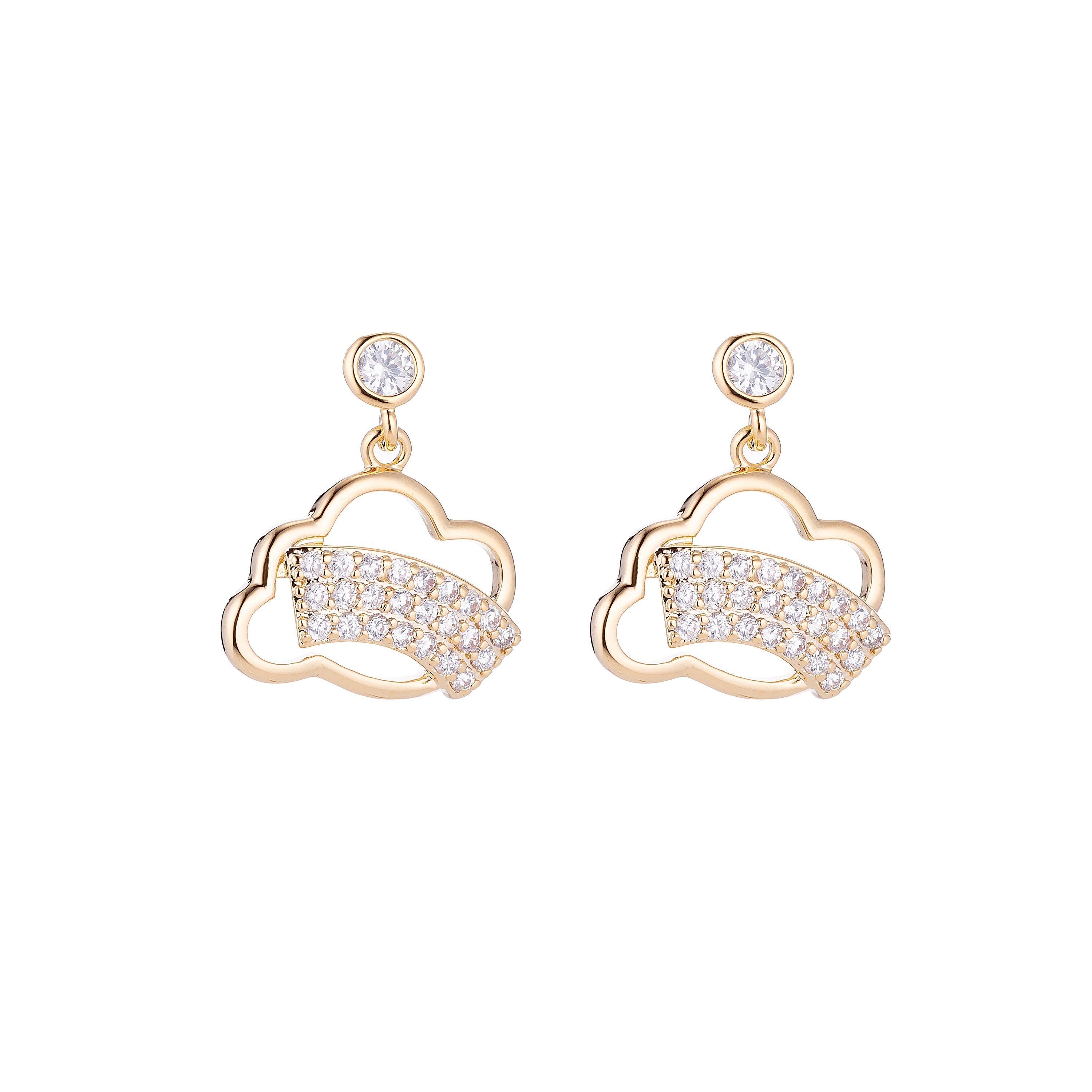 Plated Clouds and Rainbow Stud Dangle Drop Earring Cubic Zirconia Jewels Diamond Paved Jewelry, Earrings-540/41 - DLUXCA