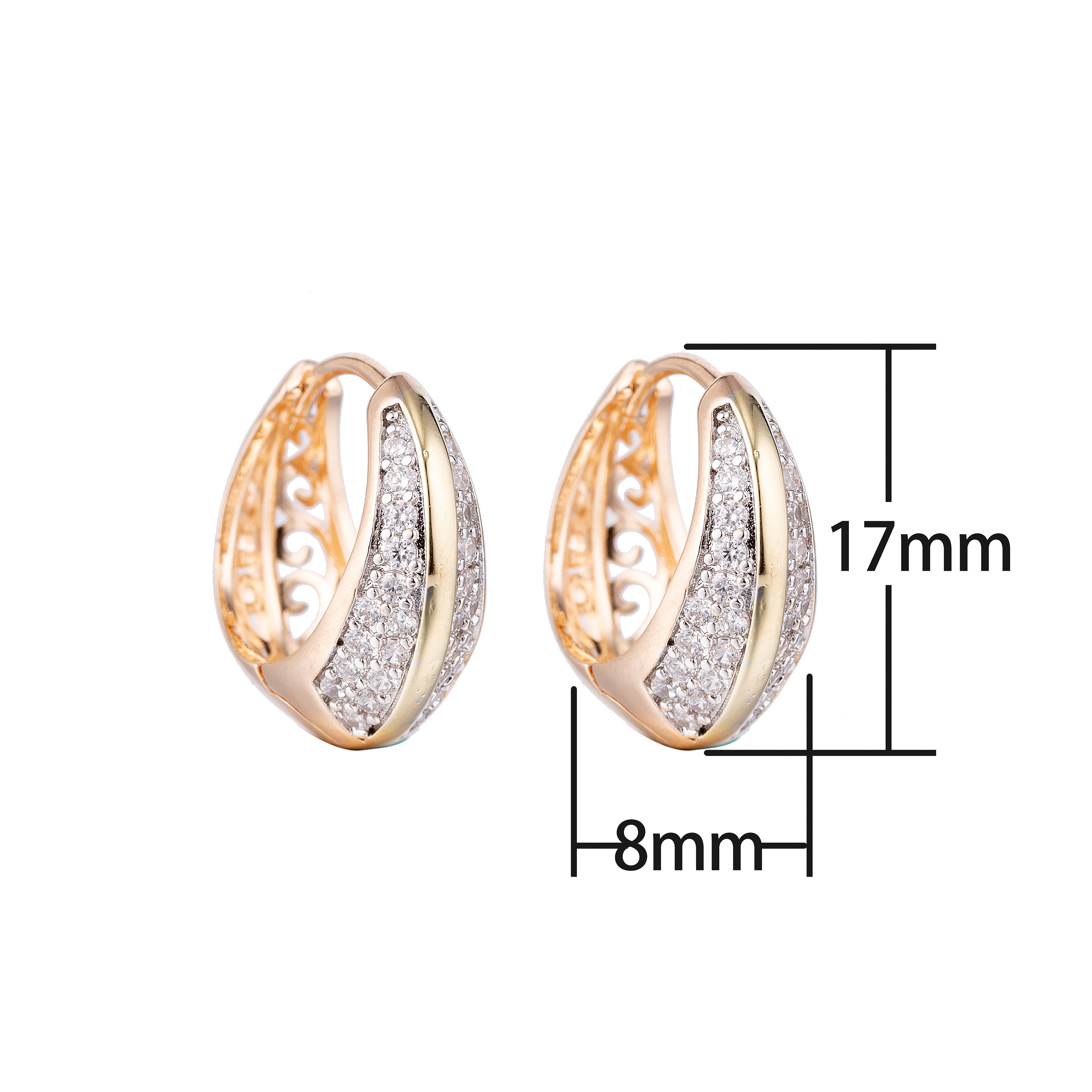 Gold Diamond Pave Front Small Huggies Earring with Diamond Paved Jewels Cubic Zirconia Jewel Jewelry Lightweight Jewelry - DLUXCA