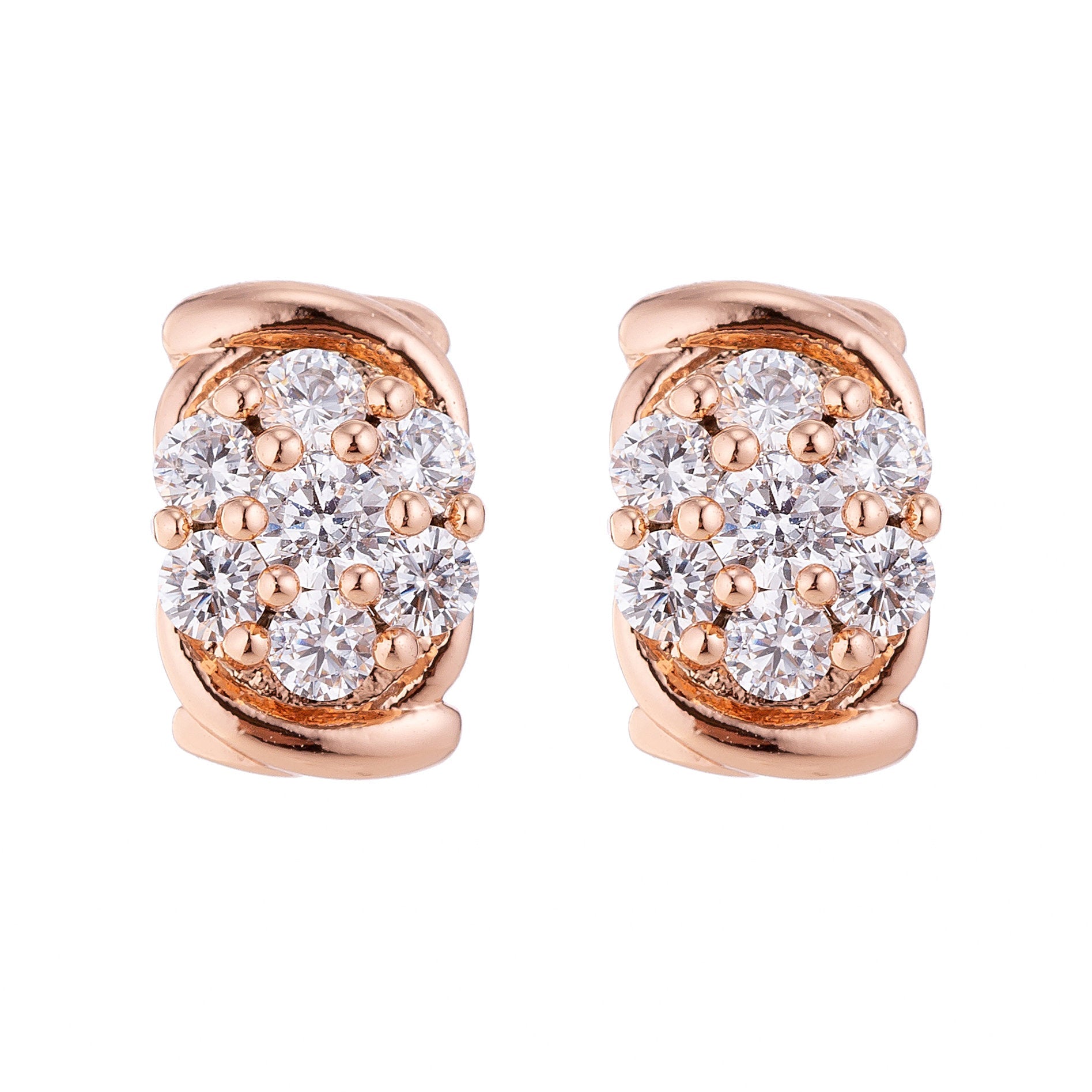 Gold Diamond Flower Stud Earring, Floral Jewelry, Cubic Zirconia Gem, Nature Earrings - DLUXCA