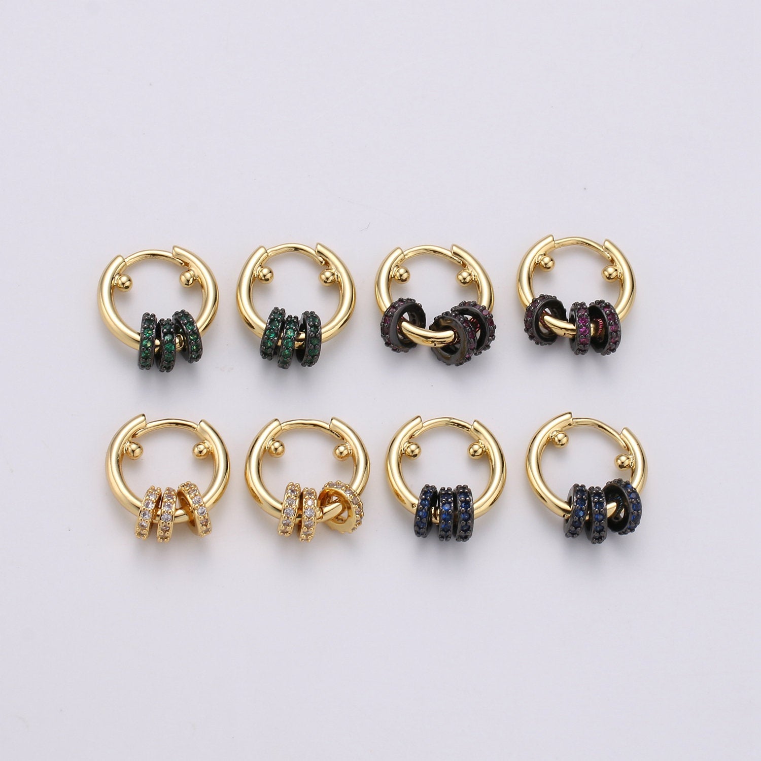 1 pair Huggie Earring with Mini Circles 14k Gold Filled Earring Cubic Zirconia Micro Pave Black, Green Gold Statement Earring - DLUXCA