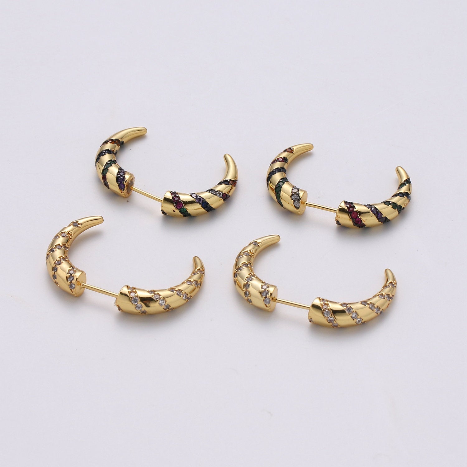 Gold Crescent moon earrings / Horn earrings / Half Moon Earrings / Celestial Stud earrings Micro Pave Earring Boho earrings Gift For Her, 2xSUPP-568 - DLUXCA