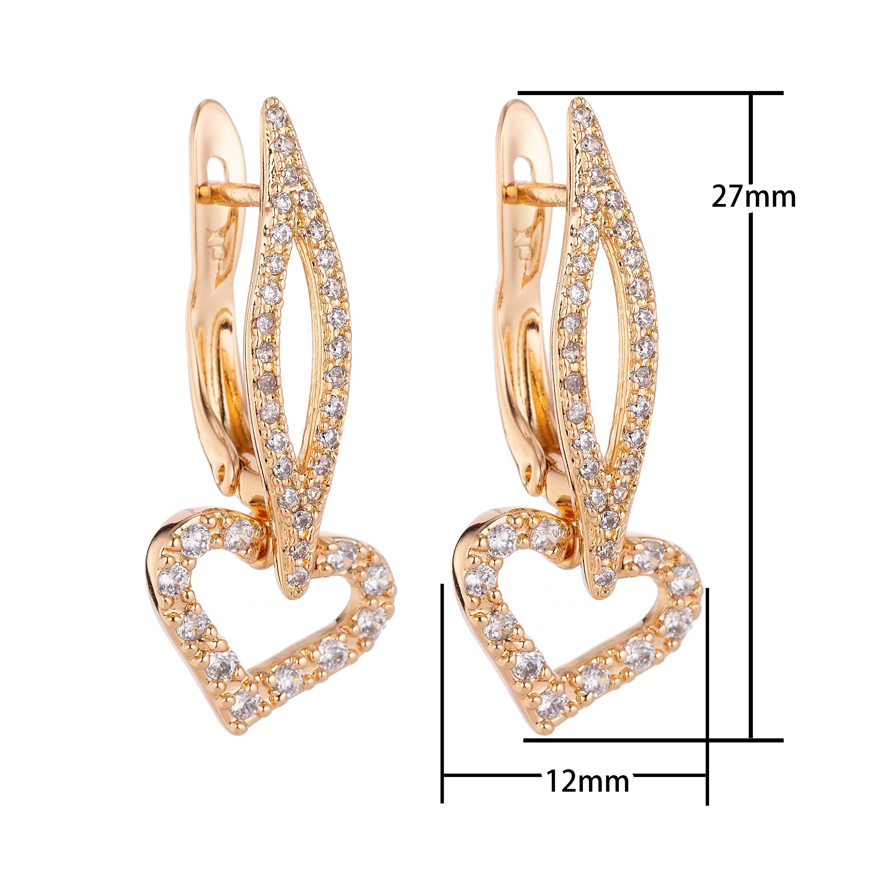 Gold Heart Latch Back Dangle Drop Earring, Cubic Zirconia Jewels, Gold Jewelry, Heart Earrings, Latch Back Earrings, Cuff Earrings, EARRING-199 - DLUXCA