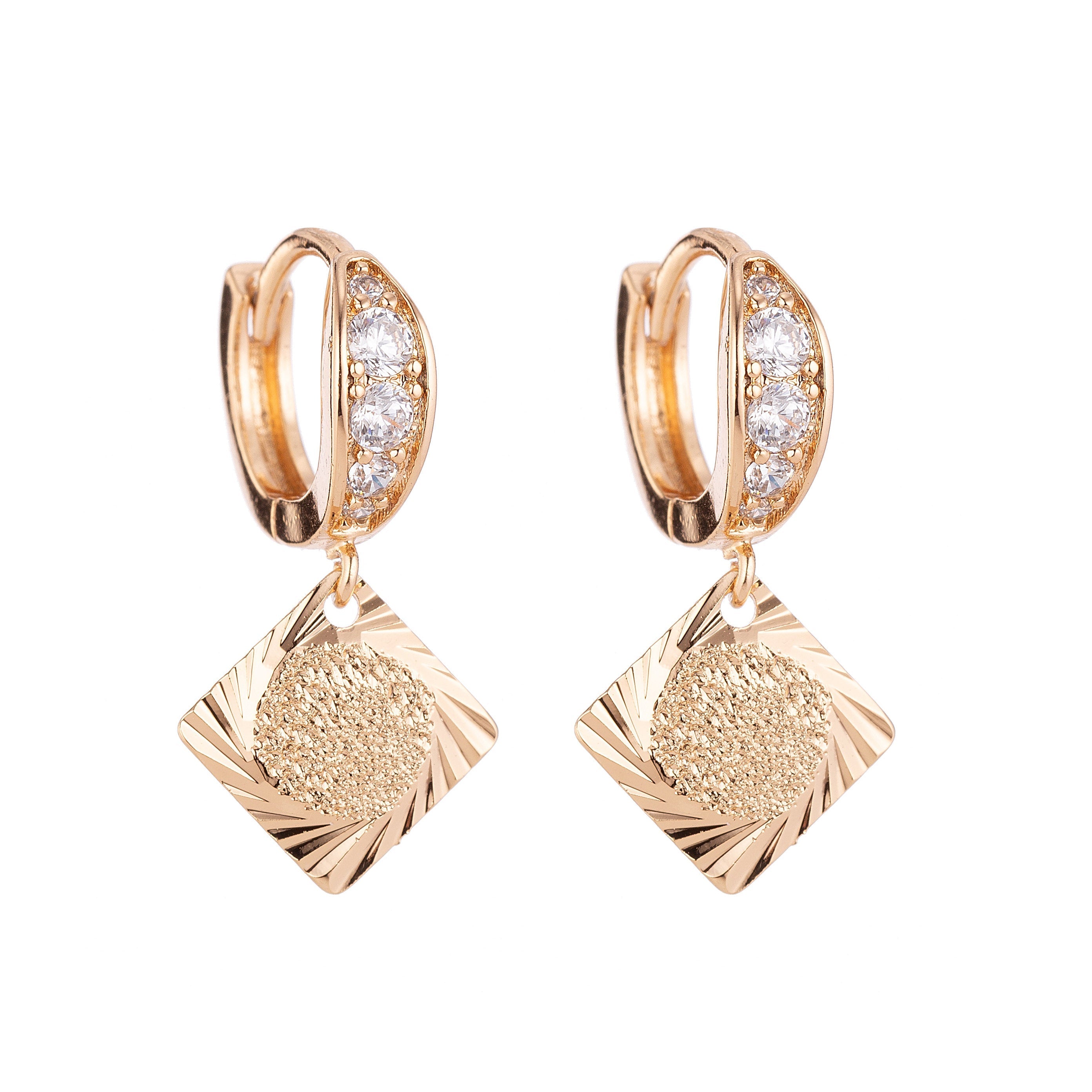 Gold Powdered Square Dangle Huggies Earring, Cubic Zirconia Jewel,Fashion Earring, Brushed Earring, Long Earrings - DLUXCA