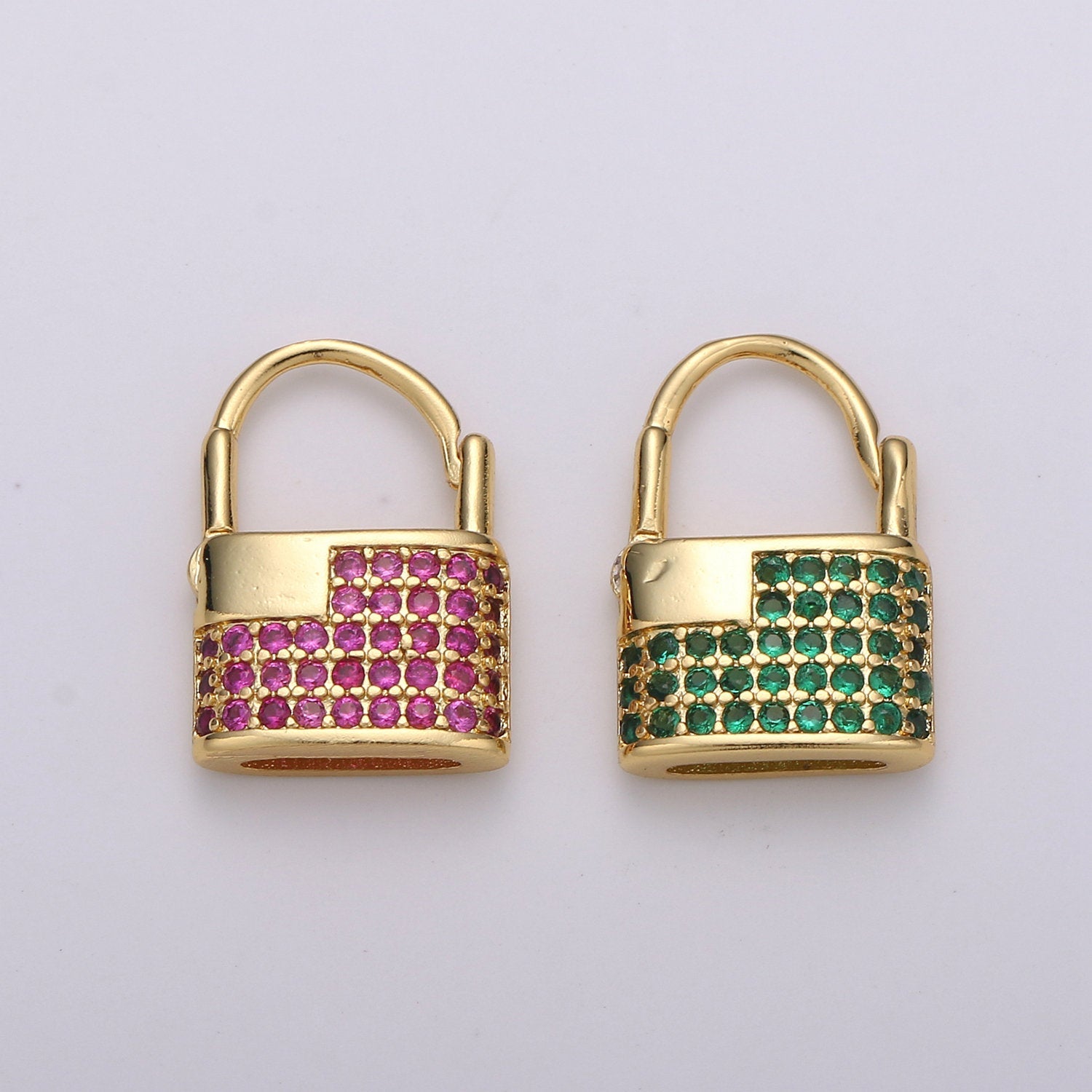 1 pair Padlock Earrings, Gold Lock Hoop Earring, Micro Pave Padlock Hoops, Gold Lock Earrings, Green Pink CZ Padlock Earring - DLUXCA