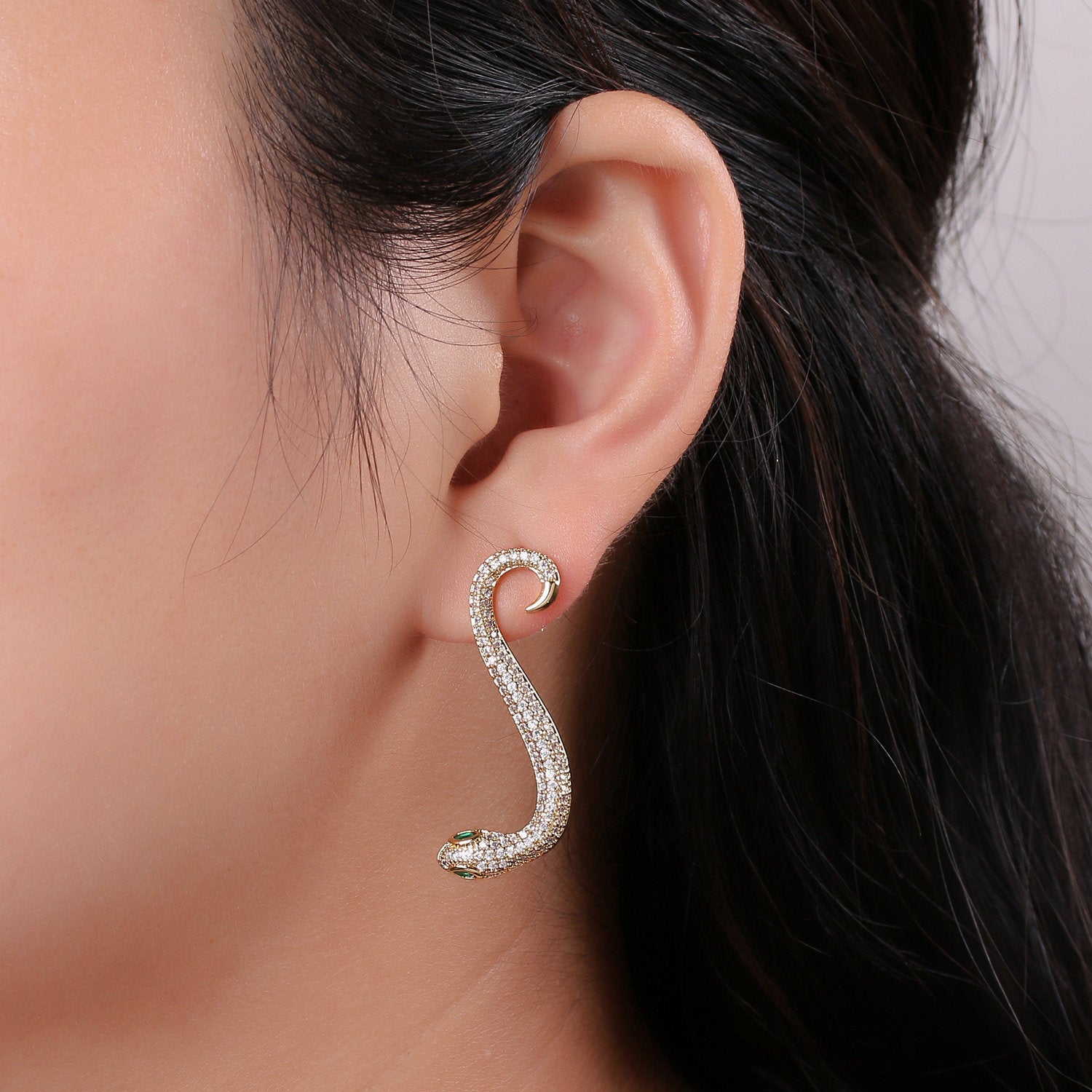 Gold snake earrings asp cleopatra toga serpent dangle 40mm long lightweight earrings Serpent snake Jewelry Micro pave Stud Earring - DLUXCA
