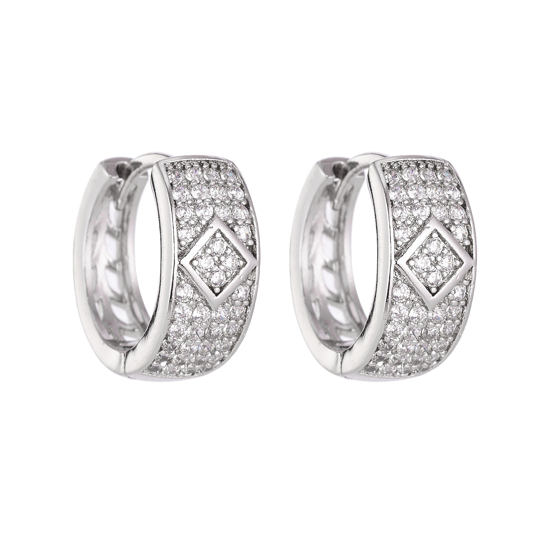 Silver Centered Diamond Jeweled Huggie Earring, Silver Jewelry, Silver Plated, Cubic Zirconia, Lightweight Jewelry, Small Earring, Earring-344 - DLUXCA