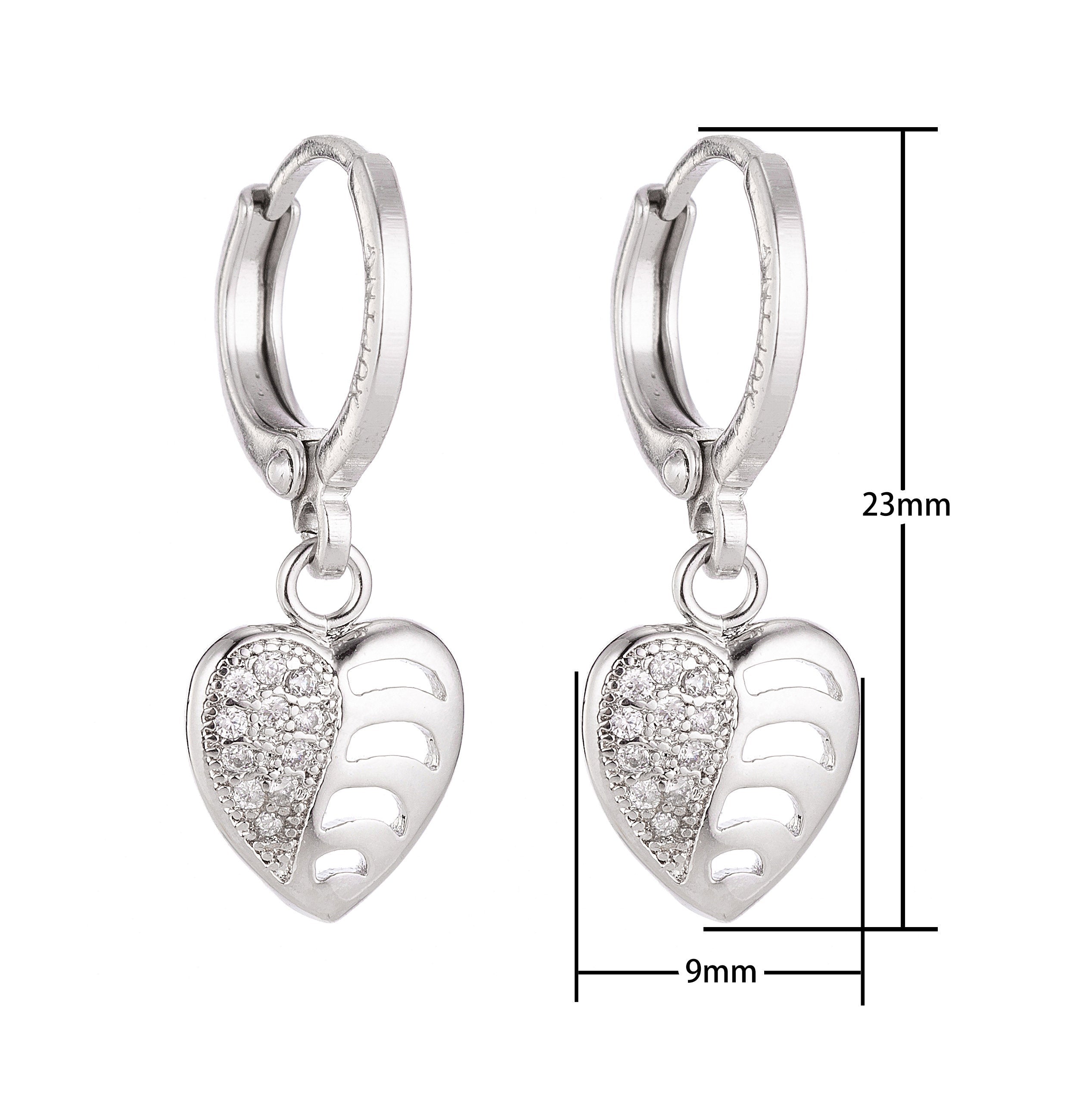 Silver Heart Dangle Huggies Earring, Cubic Zirconia Jewel, Silver Plated Jewelry, Heart Earrings, Patterned Earrings, Pretty Earrings - DLUXCA