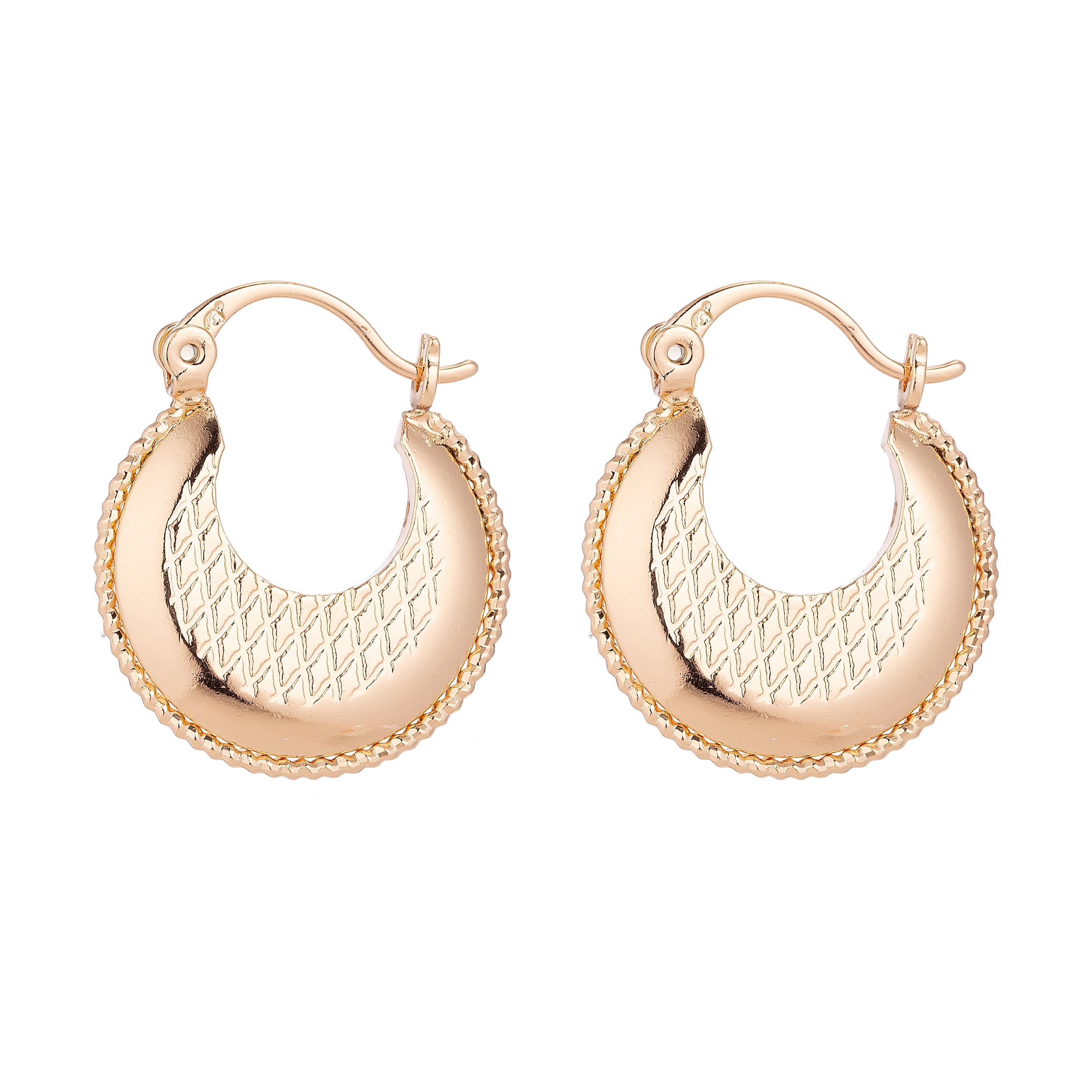 Gold Rope Diamond Patterned Hoop Earrings, Gold Jewelry, Gold Plated, Patterned Earrings, Lightweight Earrings - DLUXCA