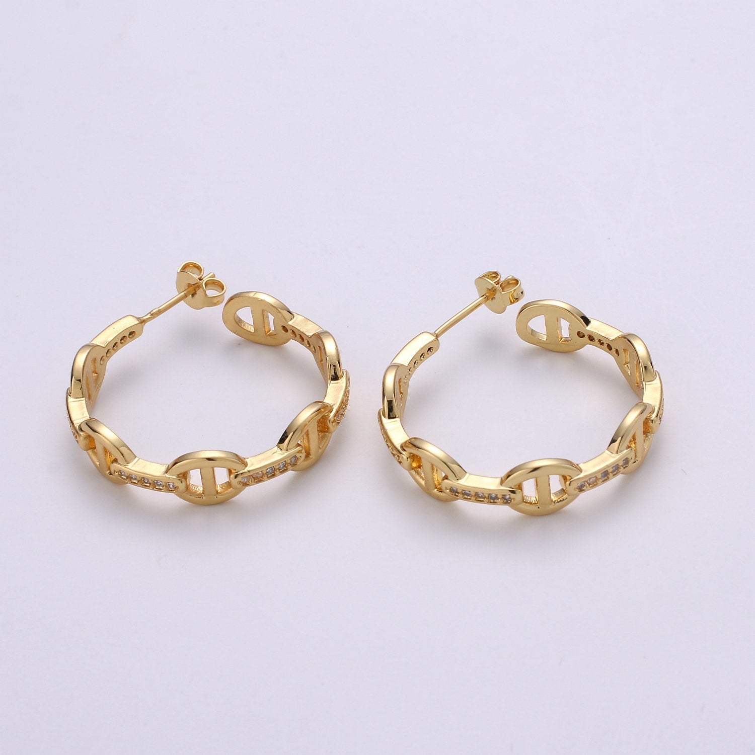 24K Gold Vermeil Mariner's Link Chain Earrings Gold Hoops Earring with CZ Cubic Zirconia - DLUXCA