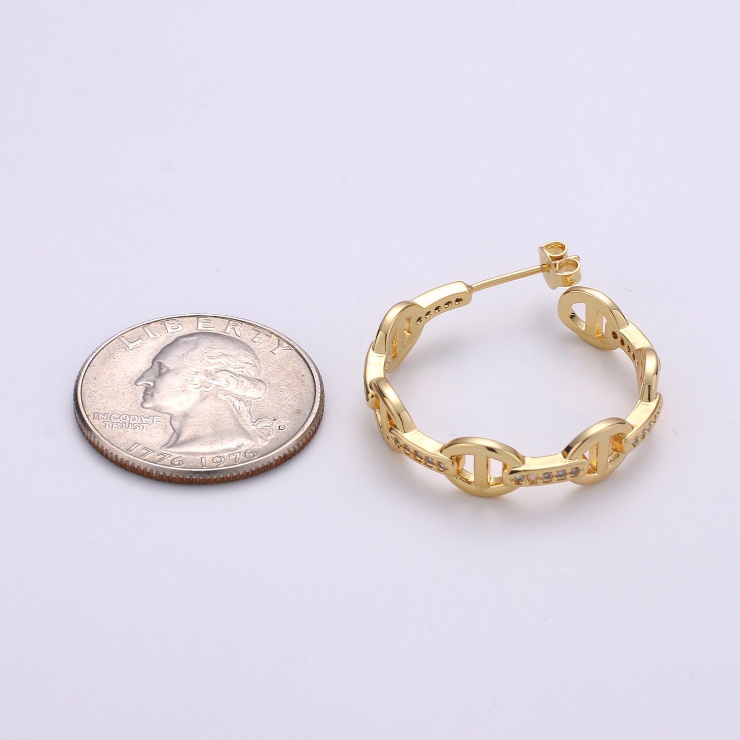 24K Gold Vermeil Mariner's Link Chain Earrings Gold Hoops Earring with CZ Cubic Zirconia - DLUXCA