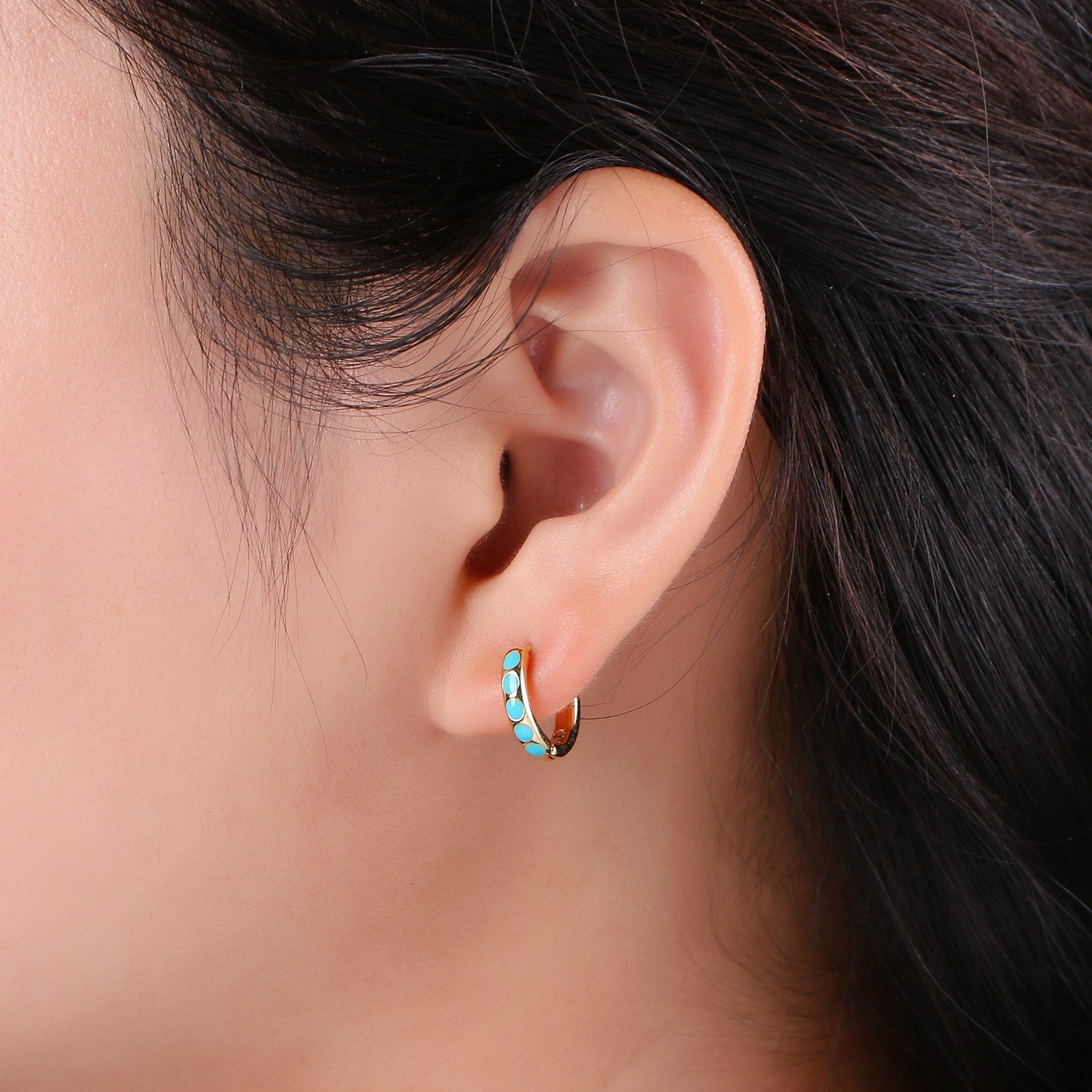 Turquoise Hoop Earrings • turquoise gold cartilage hoop • turquoise huggie hoop earrings • Something Blue Jewelry - DLUXCA