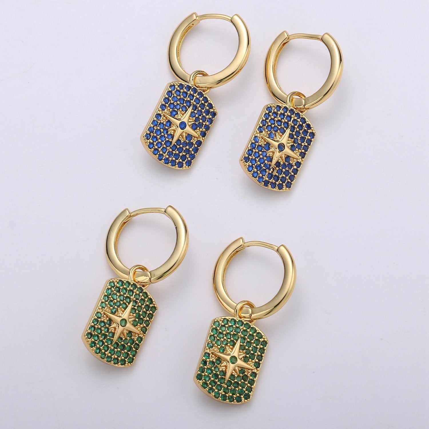 Celestial Star earrings, Celestial Star Huggie Earrings, Green and Blue pave Hoop Earrings, Hoop Earrings, Huggie Earrings - DLUXCA
