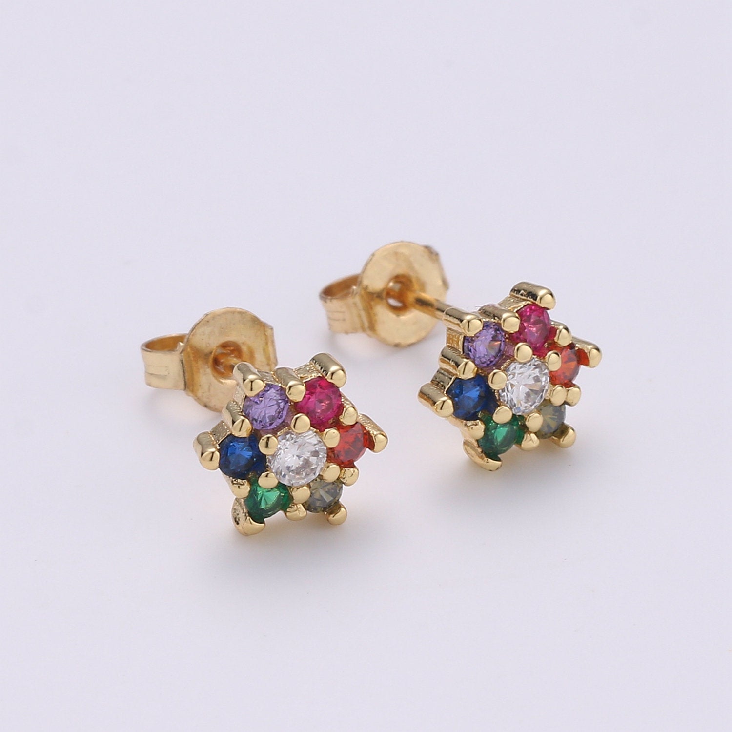 Tiny flower stud earrings, dainty stud earrings, flower stud earrings, star cz stud earrings, diamond cz studs, EARR-1236/Q-285 - DLUXCA