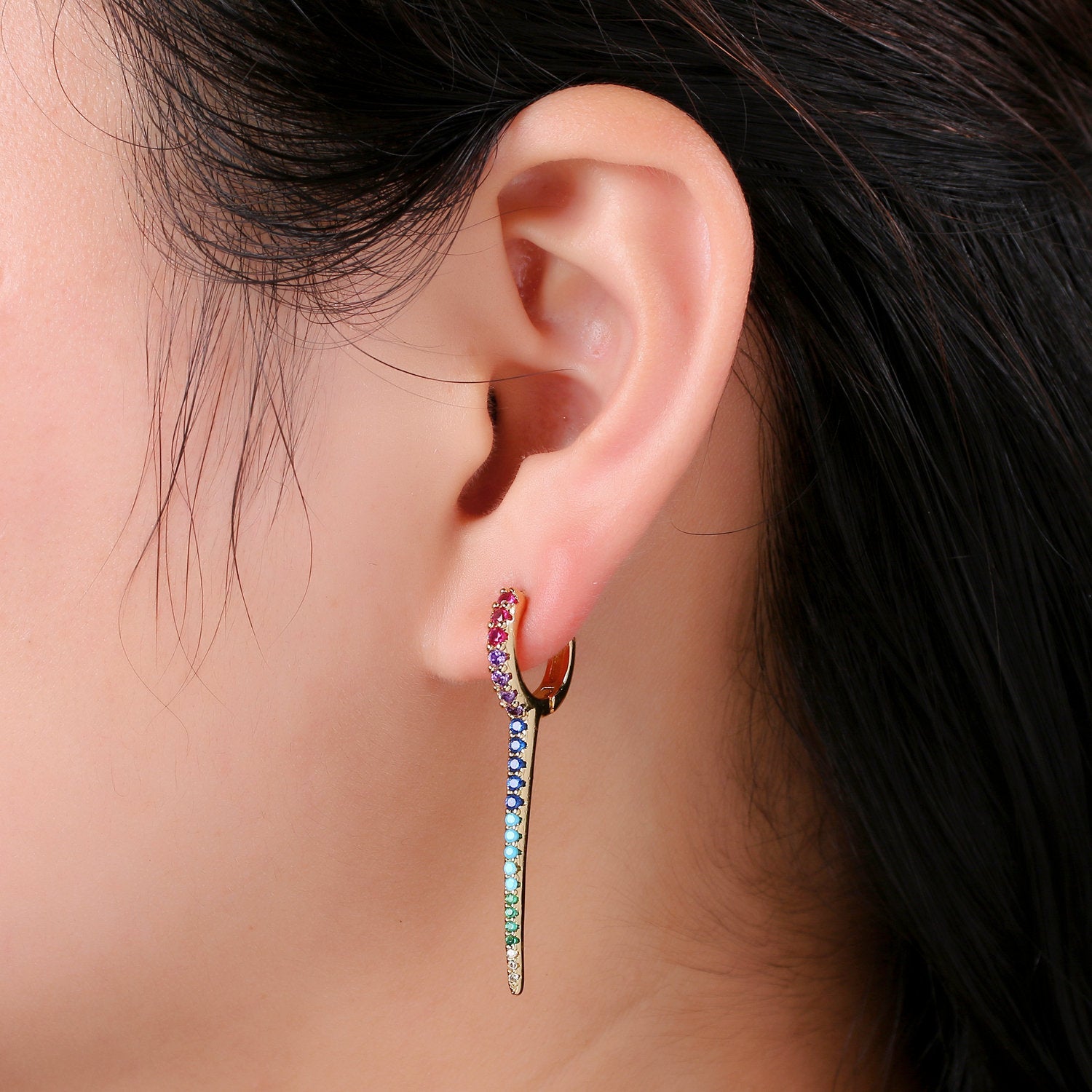 Dainty Huggie earrings, spike earrings, Multi Color hoop earrings, Long Gold Micro Pave Spike Earring Minimal Jewelry, EARRING-1141/1147 - DLUXCA