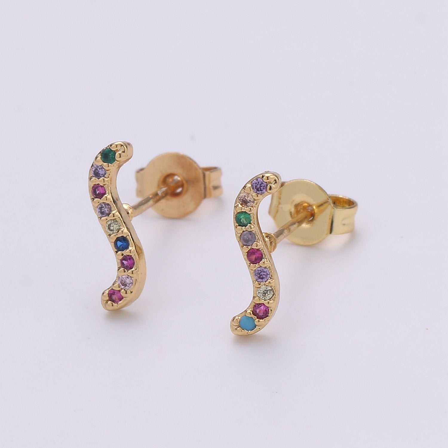 Rainbow Tiny CZ Wave Stud Earrings Dainty Multi Color S Curve Stud Earring Gold Minimalist Jewelry Gift For her christmas gift - DLUXCA