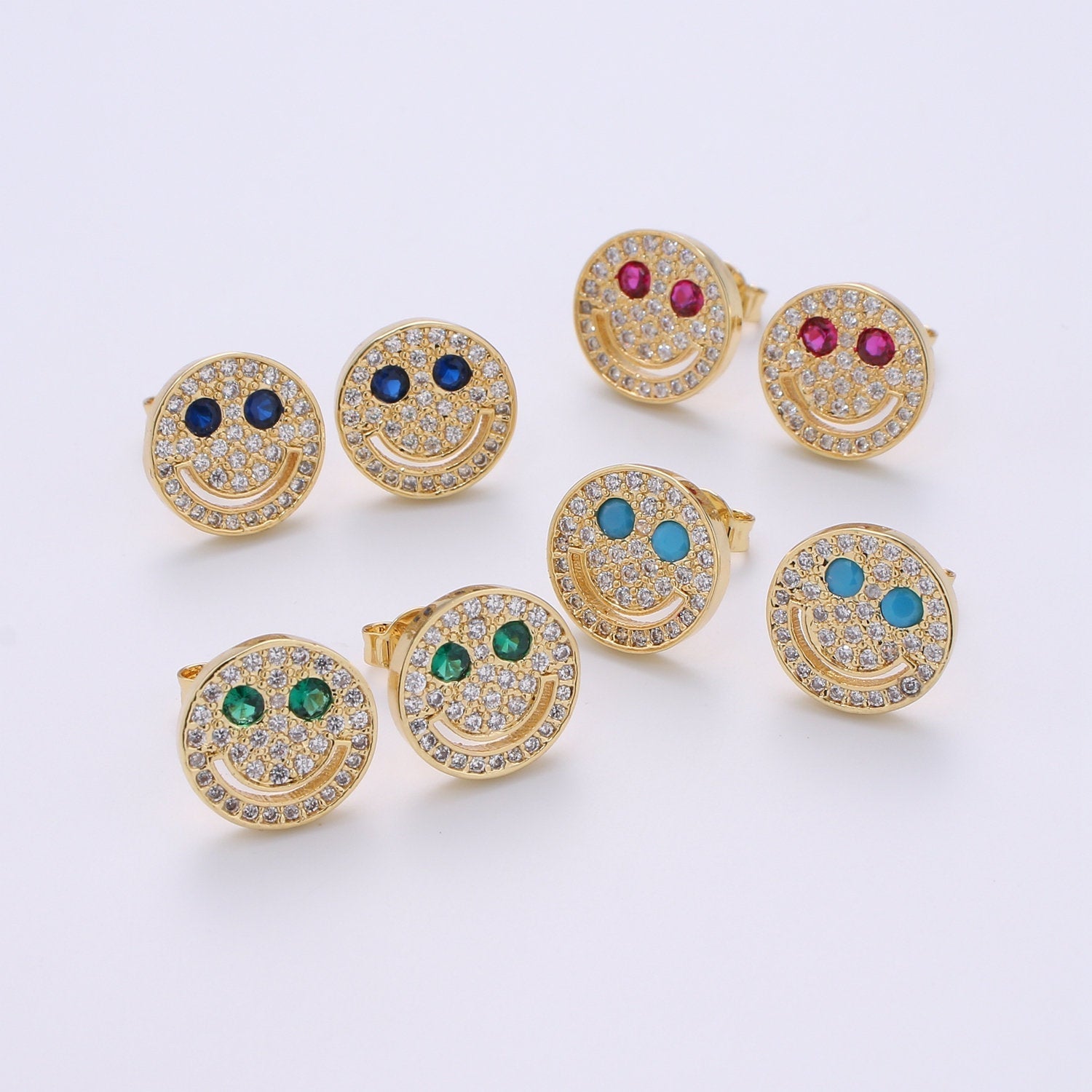 Cz Smiley face stud earrings, Tiny smiley face studs, simple gold stud earrings, Round Gold Studs, happy face studs, disc stud earrings - DLUXCA