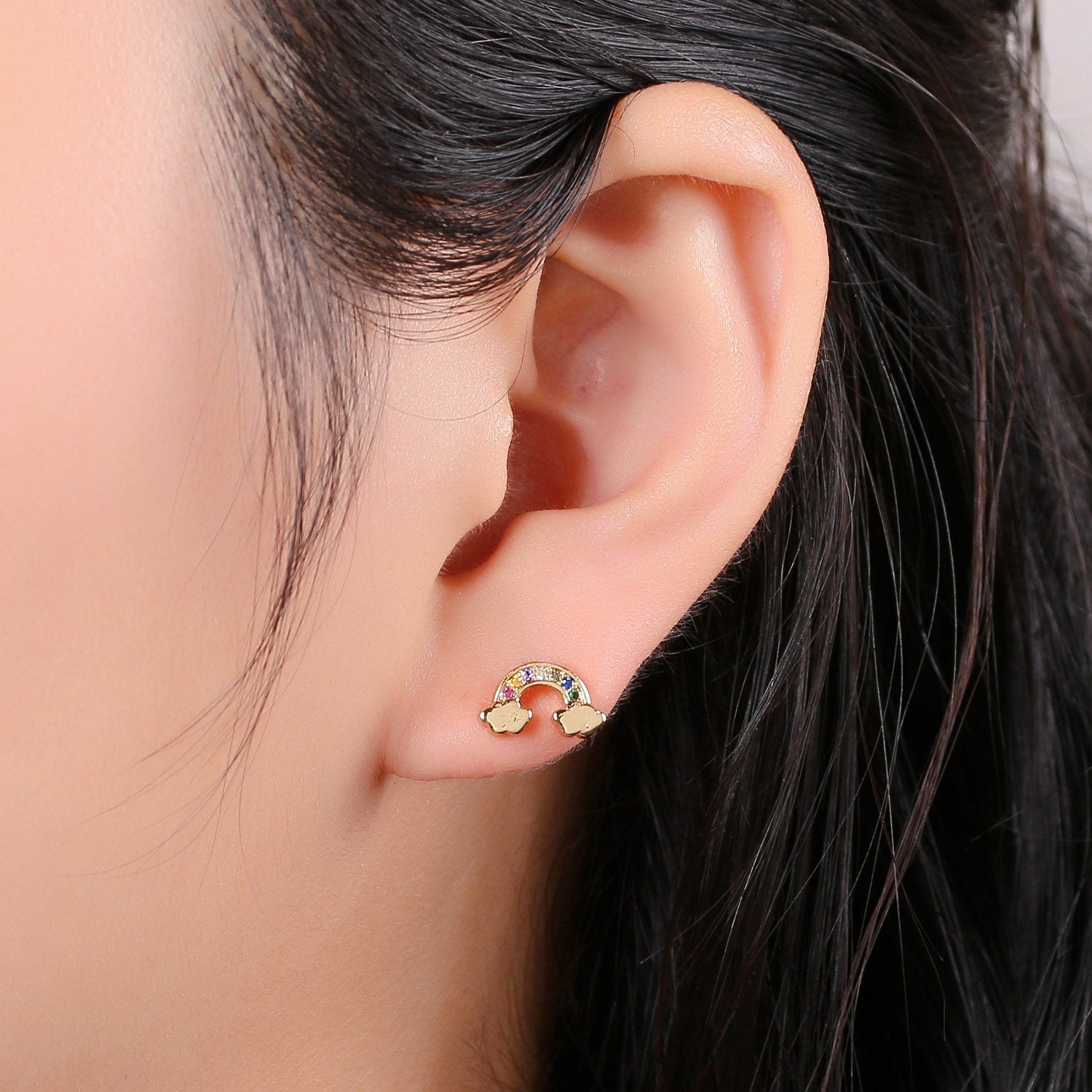 Tiny CZ Rainbow Stud Earrings Dainty Multi Color Cloud Stud Earring Gold Minimalist Jewelry for her christmas gift - DLUXCA