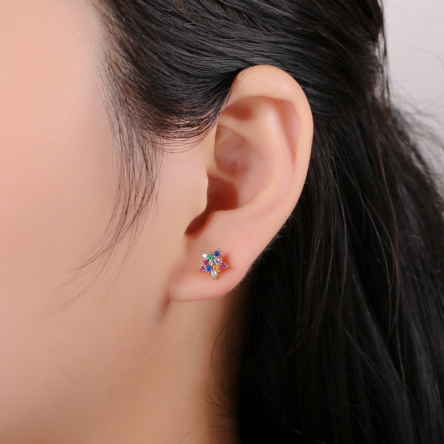 Star stud earrings Gold Multi Color Cz earrings, dainty Earring studs, tiny studs gold, tiny earrings, Multi Color studs - DLUXCA
