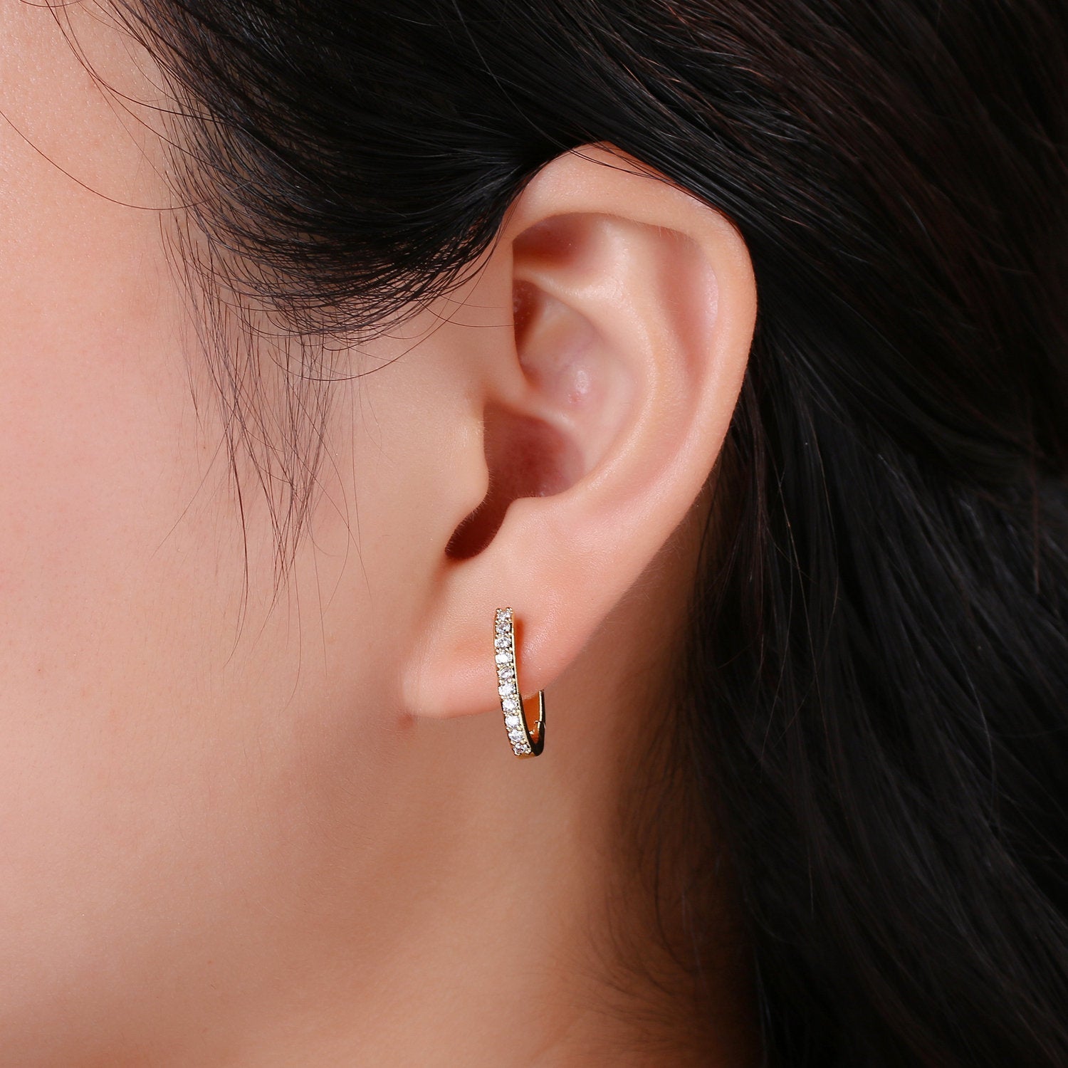 Classic Huggie hoops • 12mm CZ earrings • Huggie Hoops • Huggie Earrings • Cartilage • Yellow Gold •Gold Vermeil Earring • Simple Pave Hoops - DLUXCA