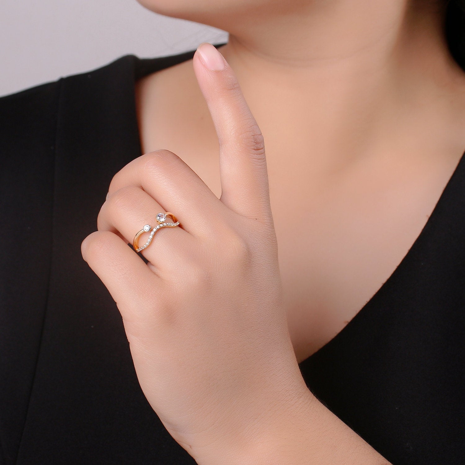 Gold wave ring, Micro Pave Open Ring Gold Vermeil ring, Dainty wave ring Micro Pave Stacking rings, Cz gold wave - DLUXCA