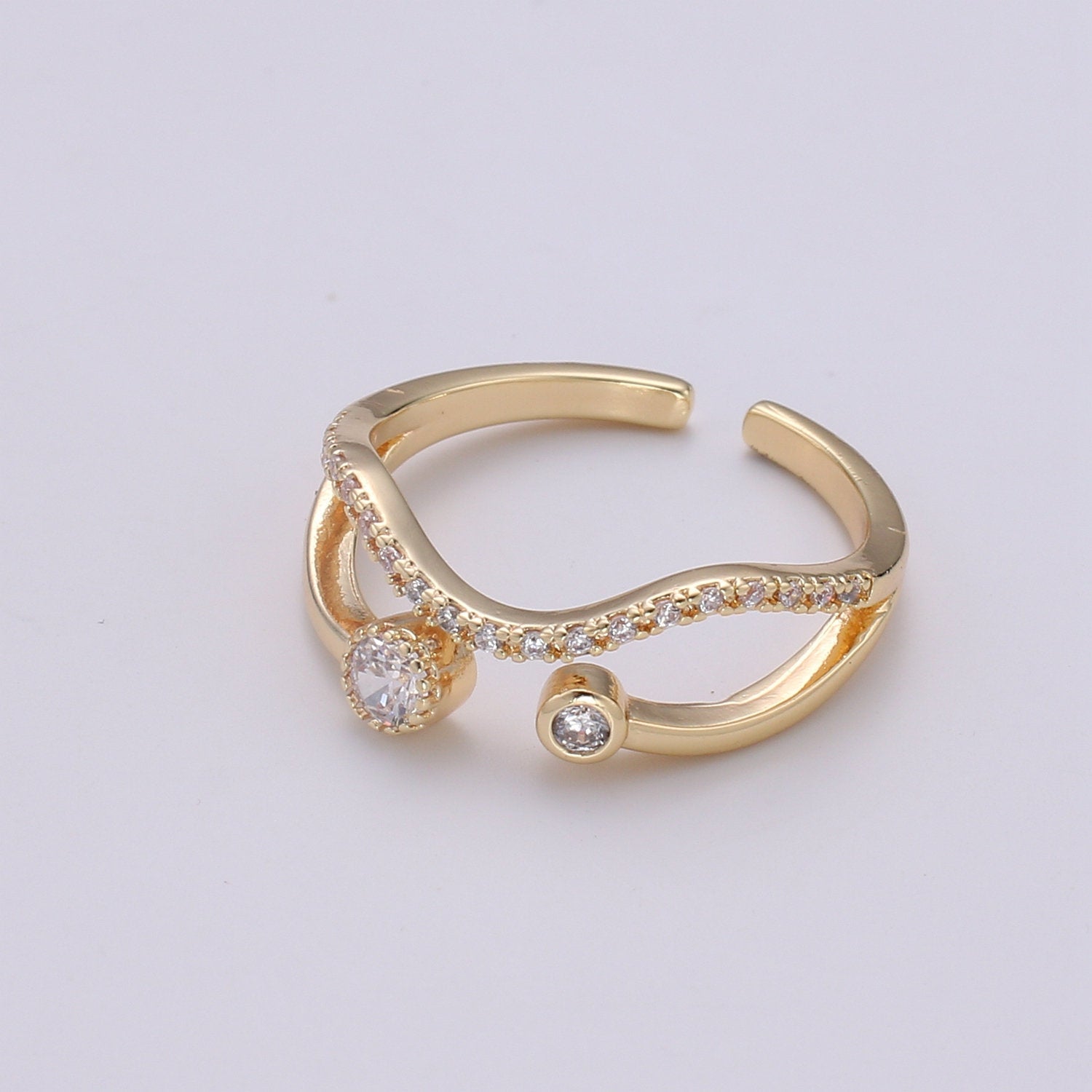 Gold wave ring, Micro Pave Open Ring Gold Vermeil ring, Dainty wave ring Micro Pave Stacking rings, Cz gold wave - DLUXCA