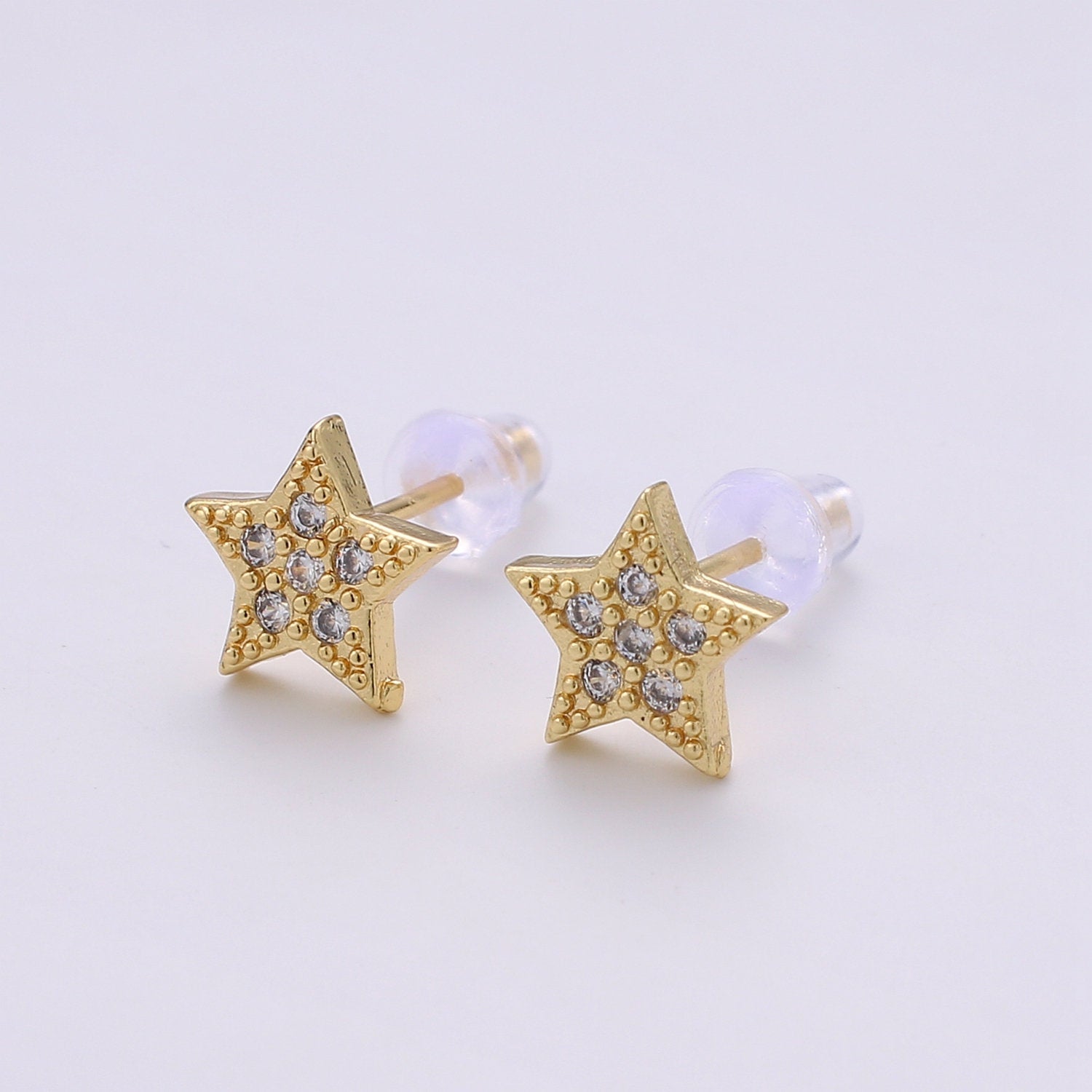 Mini CZ Paved Star Stud Earring Cartilage Earring, Gold Star stud, dainty cartilage earring gold moon stud earring, sparkly Pushback stud - DLUXCA