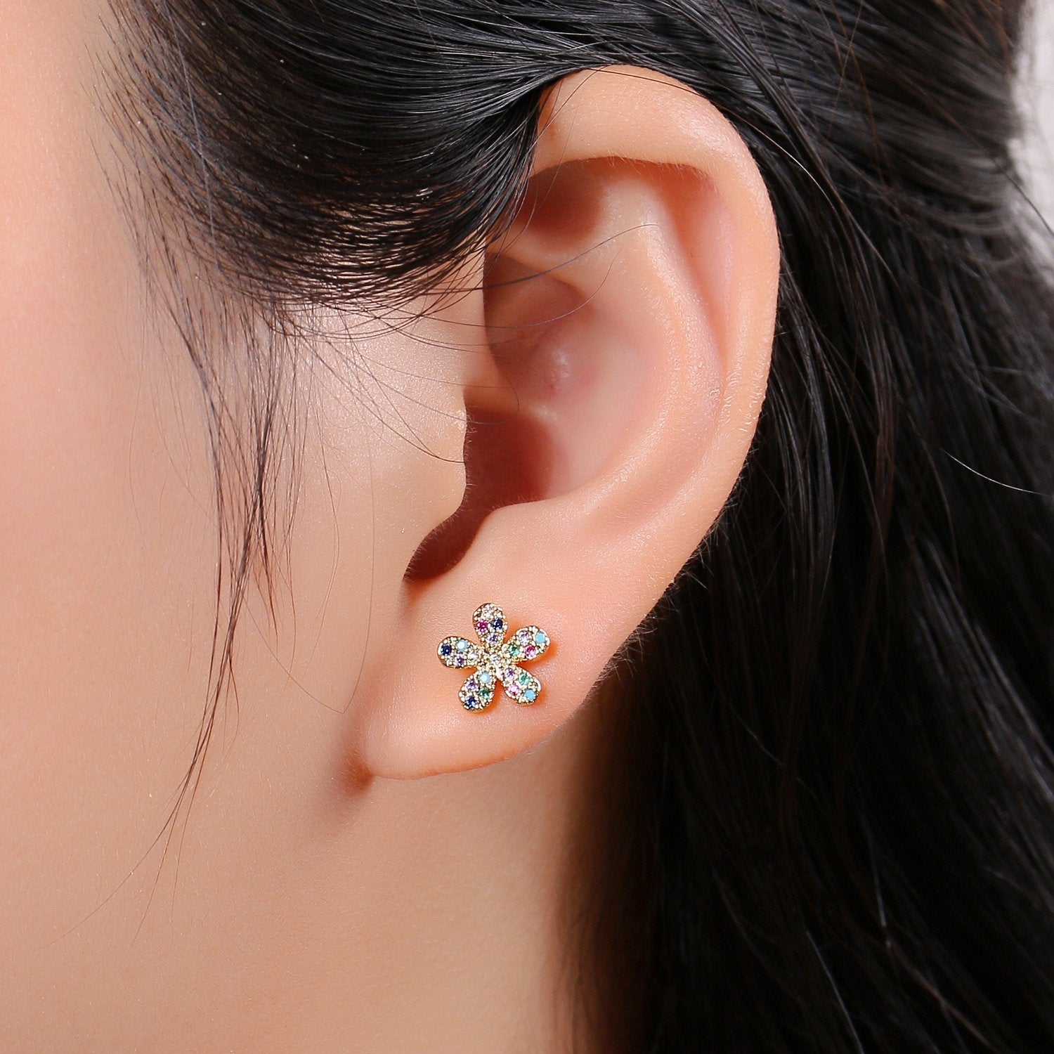 Tiny flower Petal stud earrings, dainty stud earrings, flower stud earrings, star cz stud earrings, diamond cz studs - DLUXCA