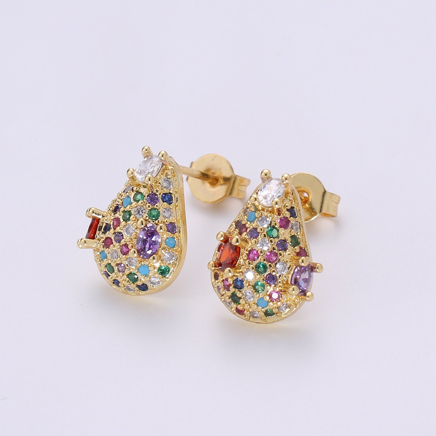Multi Color Gold Tiny Stud Earrings - Rainbow Micro Pave Studs - Dainty CZ Studs 10mm Tear Drop Crystal Small Stud Earrings - DLUXCA