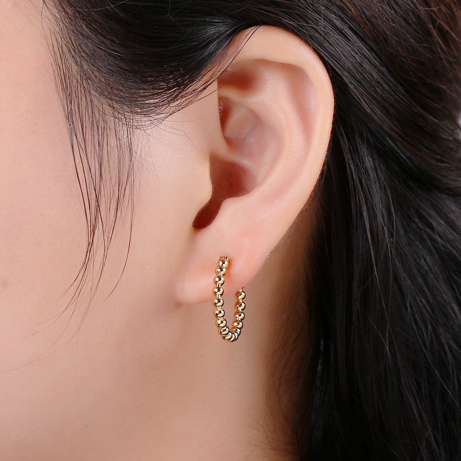 Small Beaded Huggie Hoop Earrings 20mm Hoop Earring Gold Vermeil Earr-1297 - DLUXCA