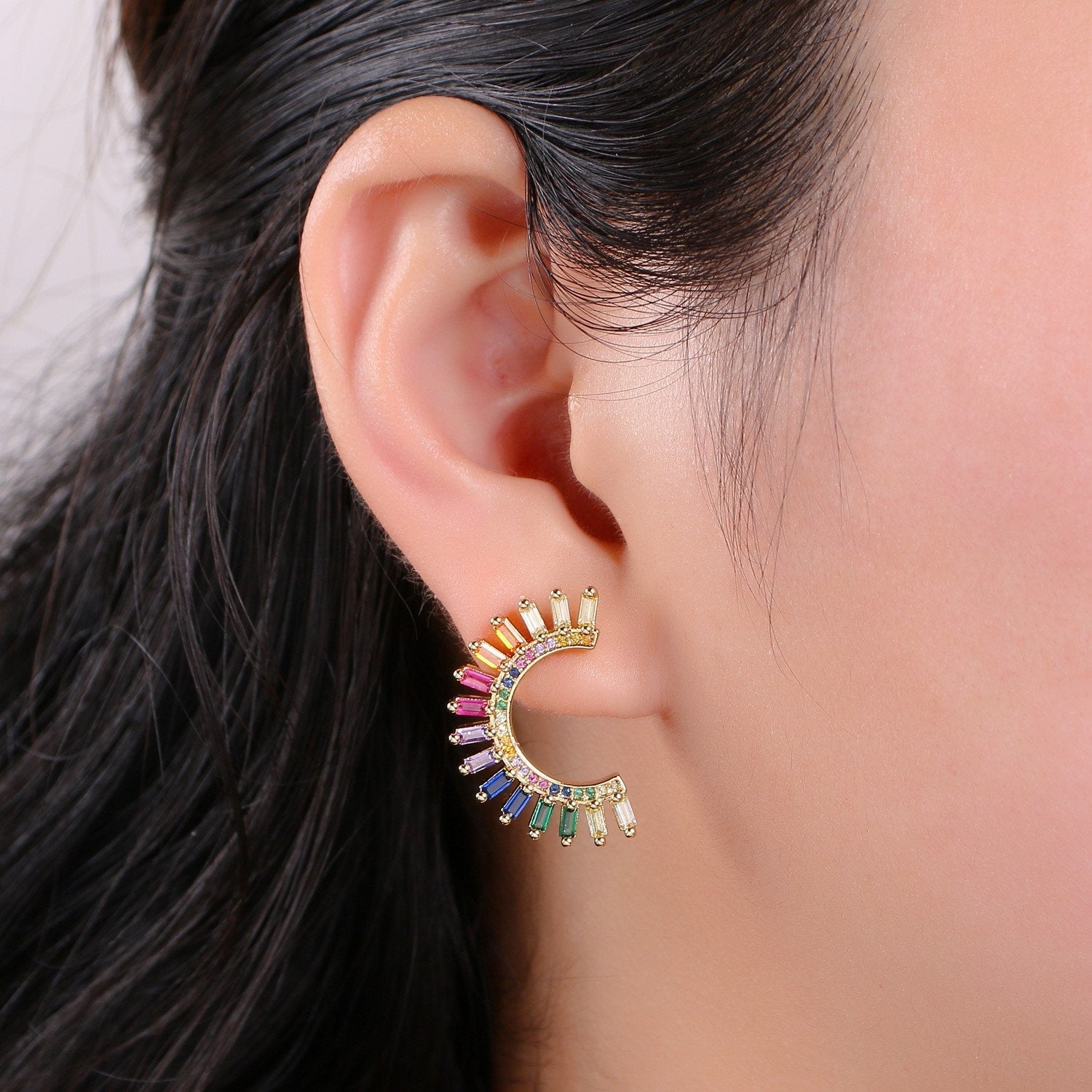 Super Cute Rainbow Studs • Moon Rainbow Earrings • Gold Multi Color Stone Earrings • Fan Studs • Kawaii Style Statement Earring - DLUXCA