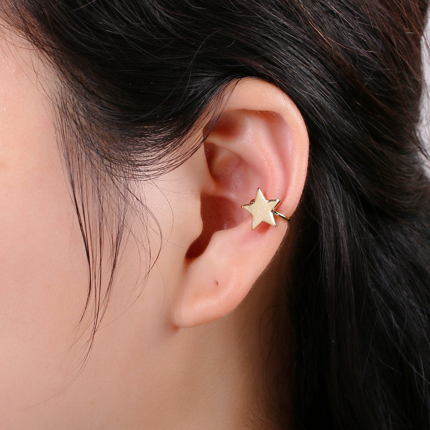 1x Gold Ear cuff, No piercing ear cuff, Fake piercing, Ear cuff, Helix no piercing hoop, Star ear cuff, Love earring, ear cuff - DLUXCA