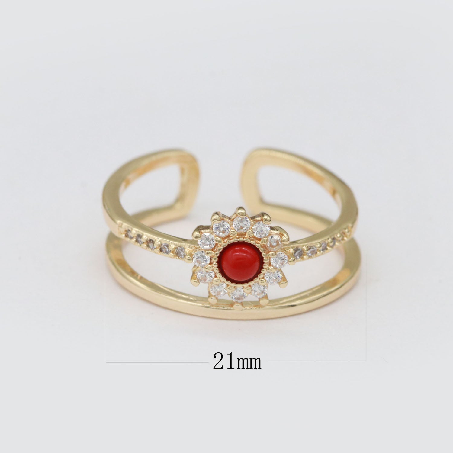 Dainty Gold Sun Double Band Ring, Open Adjustable Ring Red Cz Stone - DLUXCA